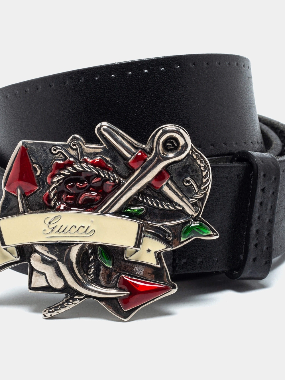 Gucci Black Leather Belt with Decorative Anchor Buckle